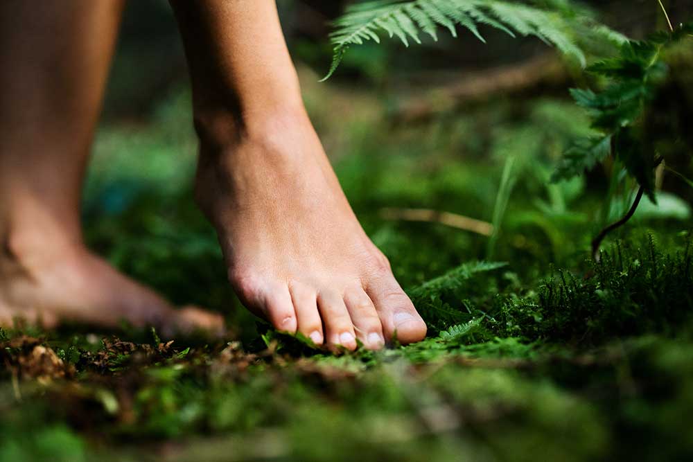 bare footed lady walking on forest floor